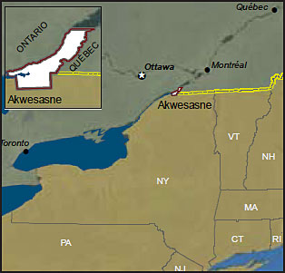 Map showing the location of the Akwesasne Reservation on the U.S.-Canada border.