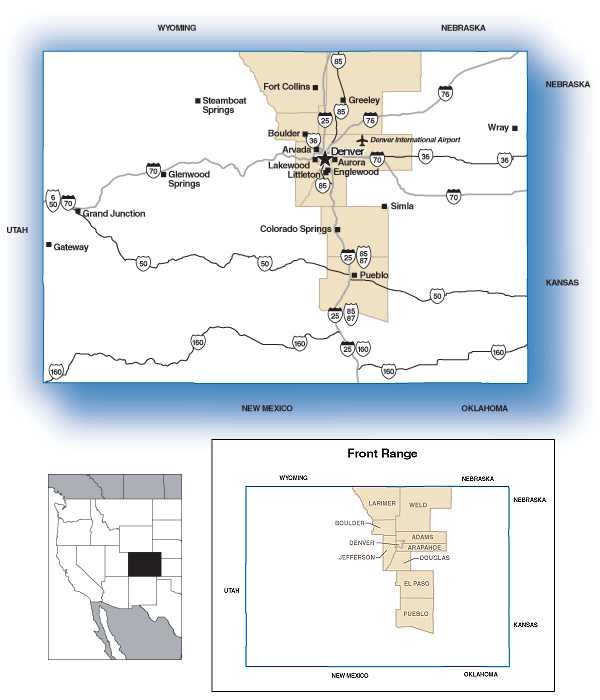 Map showing the state of Colorado and its major transportation routes, its location in relation to other states, and the area known as the Front Range.