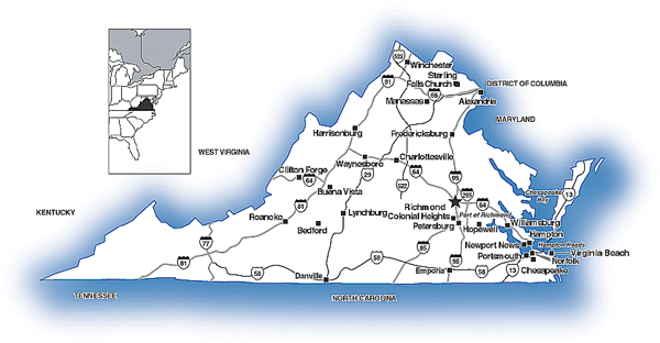 Map of Virginia showing major transportation routes.