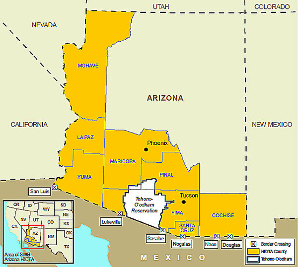 Map showing the Arizona High Intensity Drug Trafficking Area.