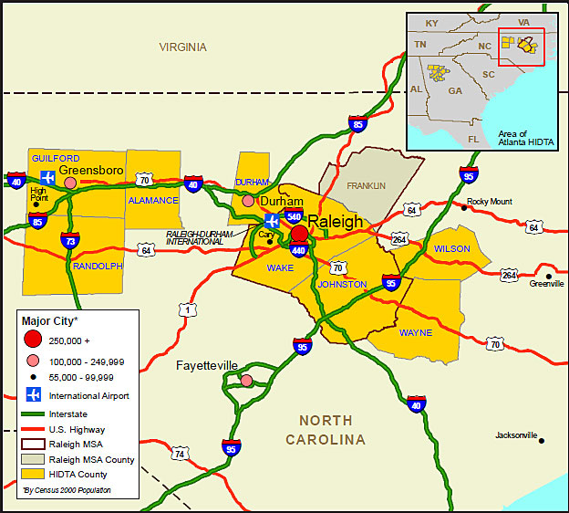 Map showing the North Carolina Counties in the Atlanta HIDTA transportation infrastructure.