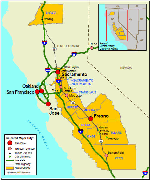 Map of the Central Valley California HIDTA area.