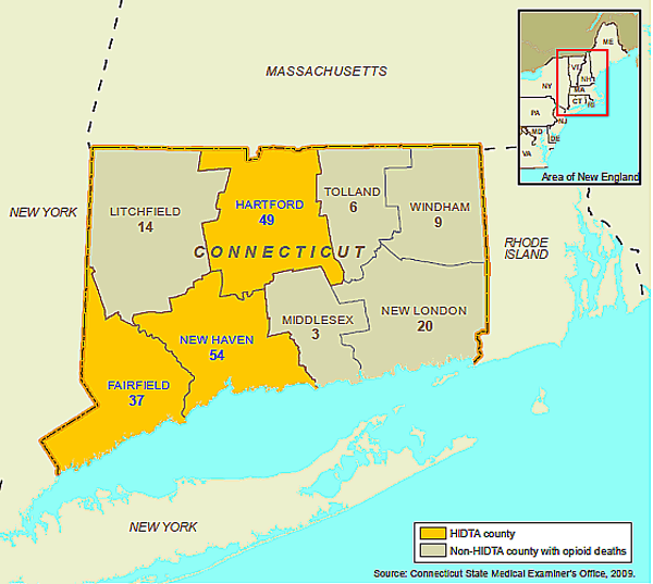 Map showing opioid deaths in Connecticut, by County, for the year 2009.