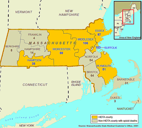 Map showing opioid deaths in Massachusetts, by County, for the year 2007.