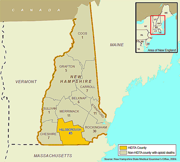 Map showing opioid deaths in New Hampshire, by County, for the year 2009.