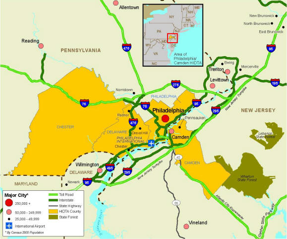 The PC HIDTA region comprises Chester, Delaware, and Philadelphia Counties in Pennsylvania and Camden County in New Jersey.