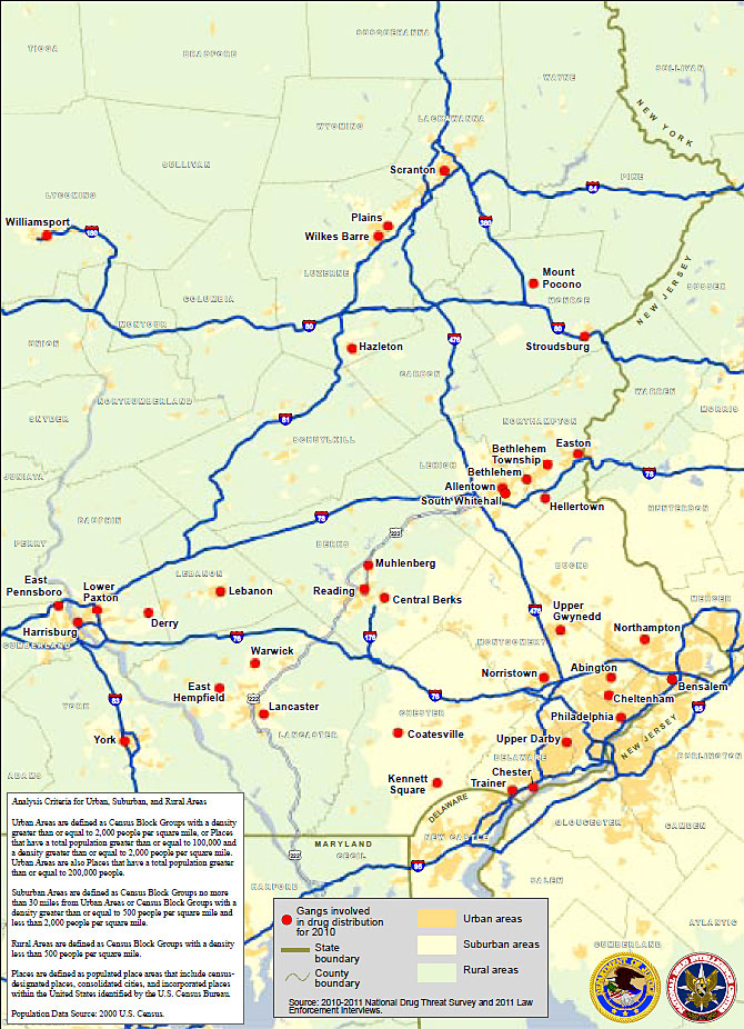 Map showing cities where gangs are involved in drug distribution in urban, suburban, and rural areas in eastern Pennsylvania.