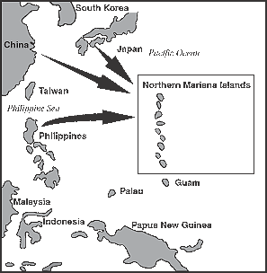 Map showing movement of methamphetamine from China, Japan, and the Philippines to the Northern Mariana Islands.