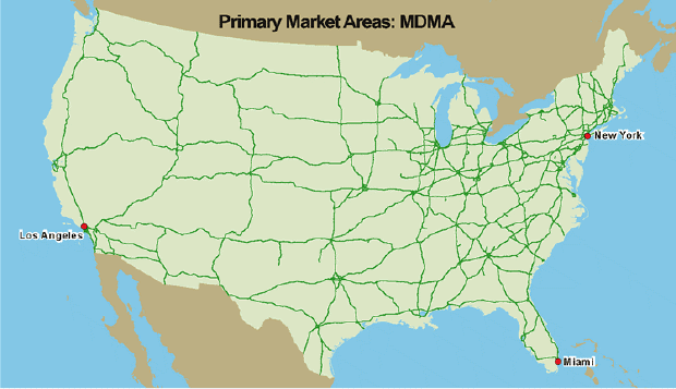 USA map showing the Primary Market Areas of MDMA as Los Angeles, New York, and Miami.