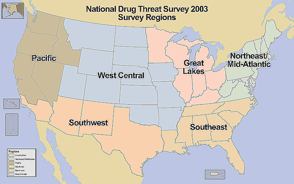 U.S. map showing the 6 National Drug Threat Survey 2003 survey regions.
