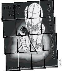 Cartelera mostrando el despegue del transbordador espacial.