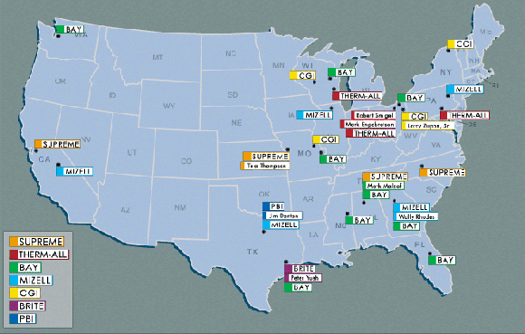 Continental United States map with company and employee locations indicated