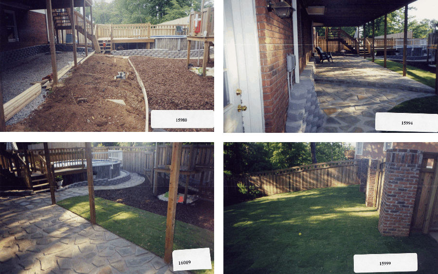 Photographs featuring landscaping work done at the side of a house