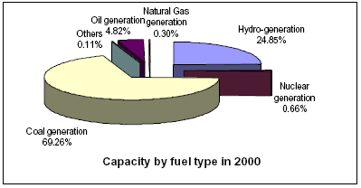 Pie chart showing generating capacity by fuel type in 2000