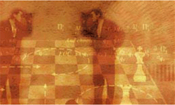 Image of two men looking at each other thru binoculars superimposed over images of a chess game and mathematical equations