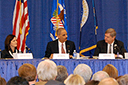 (L-R) Iowa Attorney General Tom Miller, Representative Leonard Boswell of Iowa, Assistant Attorney General Christine Varney, U.S. Attorney General Holder, U.S. Agriculture Secretary Tom Vilsack, Senator Chuck Grassley of Iowa, Iowa Lt. Governor Patty Judge and Iowa Agriculture Secretary Bill Northey participate in a roundtable panel at the joint Department of Justice/Department of Agriculture workshop in Iowa.
