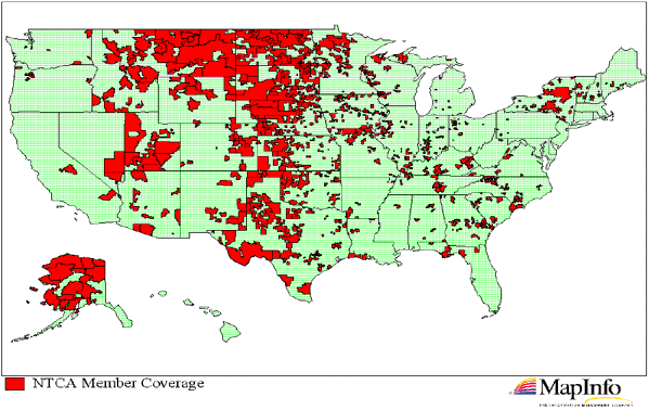Map of the 50 states, Alaska, and Hawaii showing geographic areas covered by the local telephone networks of NTCA member companies
