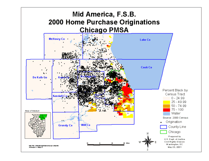 Exhibit 4: Year 2000 Home Purchase Loan Applications by Mid America, Chicago PMSA; each dot represents 1 application; background is percent black by census tract (0 - 25%; 25% - 50%; 50% - 75%; 75% - 100%)