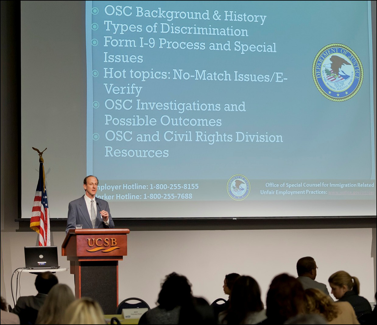 OSC's Senior Trial Attorney Erik Lang during a presentation as part of the U.S. Department of Labor's Office of Federal Contract Compliance Programs' workshop on 'Creating a Valuable Workforce through Community Partnerships.'