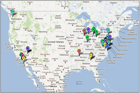 Map of United States with push pins on all locations where OSC performed outreach
