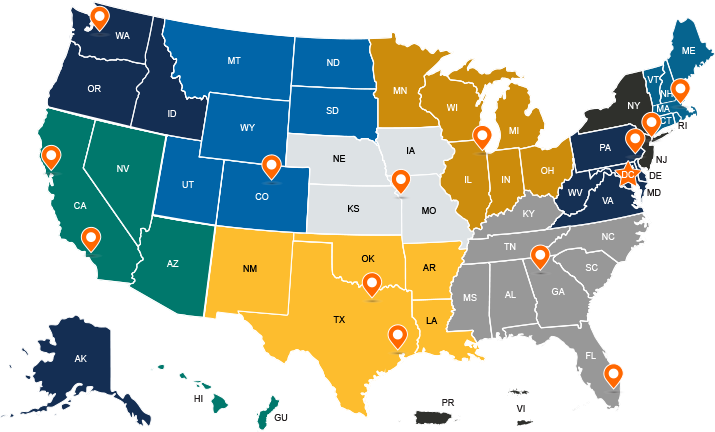 A U.S. map graphic color-coded by CRS region.