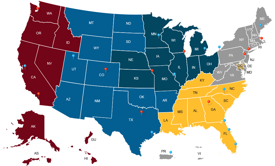 A U.S. map color coded with each CRS region. 