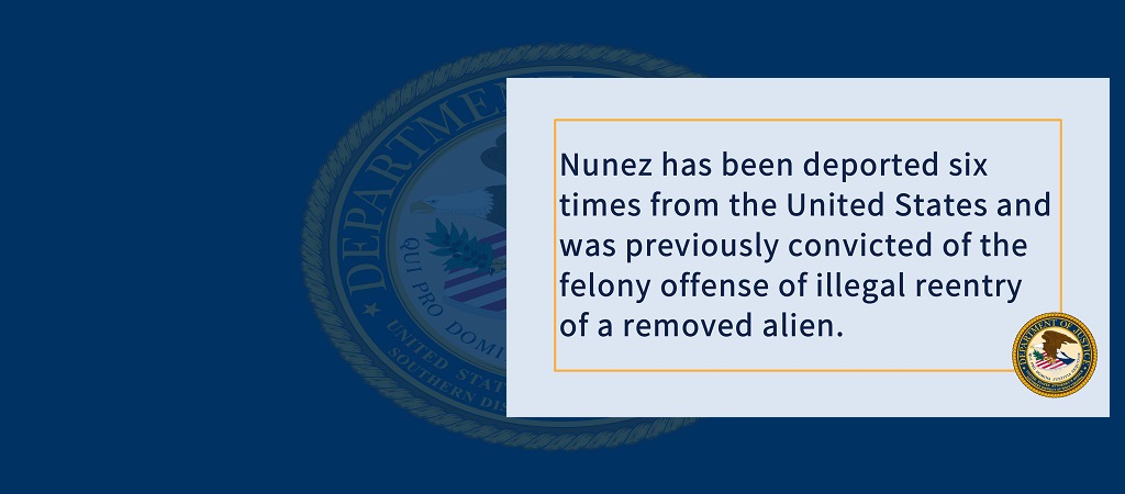 Graphic providing details of Nunez case: "Nunez has been deported six times from the United States and was previously convicted of the felony offense of illegal reentry of a removed alien." The office seal is in the graphic's lower righthand corner.