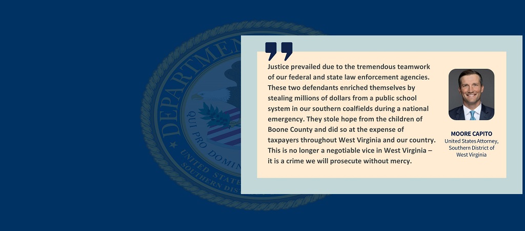 Graphic of a quote from United States Attorney Moore Capito: “Justice prevailed due to the tremendous teamwork of our federal and state law enforcement agencies. These two defendants enriched themselves by stealing millions of dollars from a public school system in our southern coalfields during a national emergency. They stole hope from the children of Boone County and did so at the expense of taxpayers throughout West Virginia and our country. This is no longer a negotiable vice in West Virginia..."