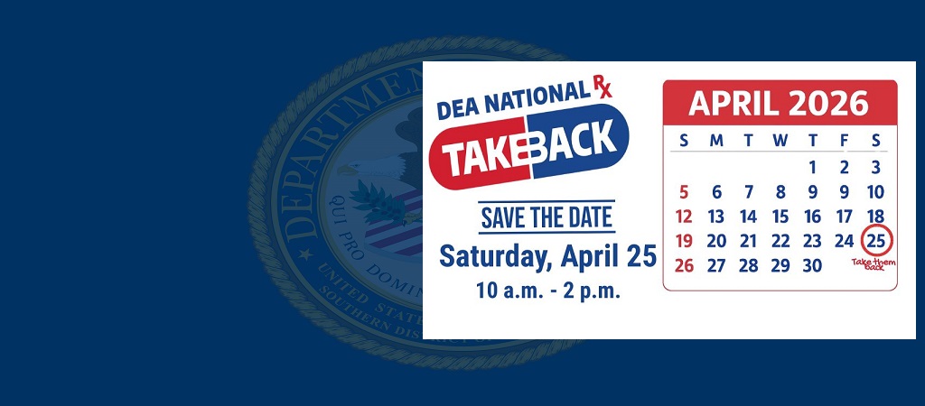 Save the Date logo for DEA National Prescription Drug Take Back Day, Saturday, April 25, 2026, 10 a.m. to 2 p.m. with the image of an April 2026 daily calendar and April 25 circled.