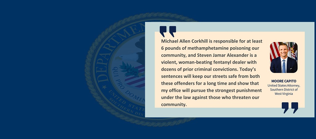 Graphic of quote from U.S. Attorney Moore Capito: “Michael Allen Corkhill is responsible for at least 6 pounds of methamphetamine poisoning our community, and Steven Jamar Alexander is a violent, woman-beating fentanyl dealer with dozens of prior criminal convictions. Today’s sentences will keep our streets safe from both these offenders for a long time and show that my office will pursue the strongest punishment under the law against those who threaten our community.” 