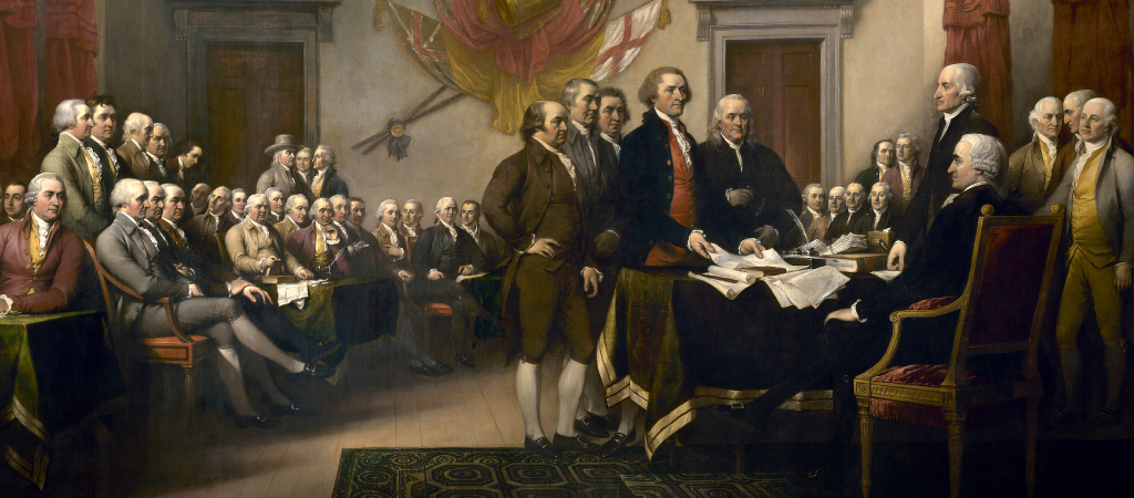 This painting depicts the presentation of the draft Declaration of Independence by the Committee of Five comprised of Jefferson, Adams, Franklin, Sherman, Livingston, to John Hancock. 