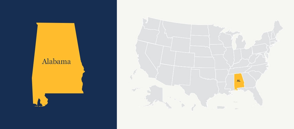 A graphic of a blue U.S. map with Alabama highlighted in yellow.