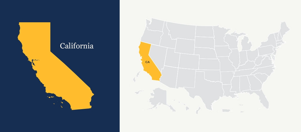 A graphic of a blue U.S. map with California highlighted in yellow.