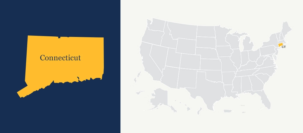 A graphic of a blue U.S. map with Connecticut highlighted in yellow.