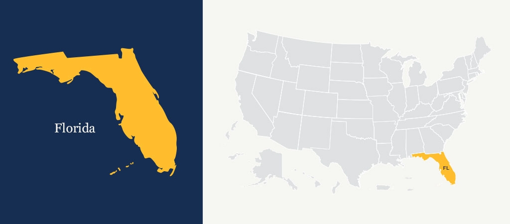 A graphic of a blue U.S. map with Florida highlighted in yellow.