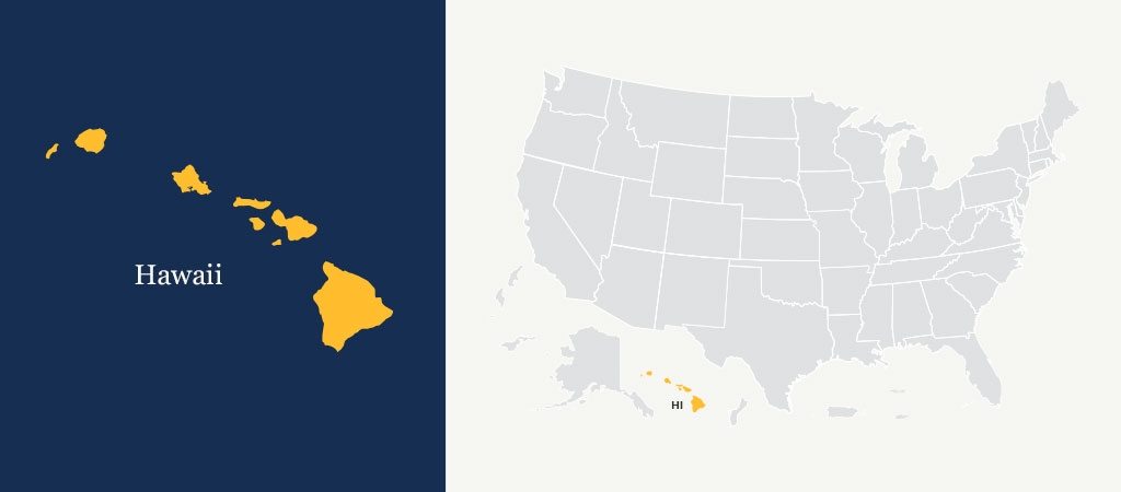 A graphic of a blue U.S. map with Hawaii highlighted in yellow.