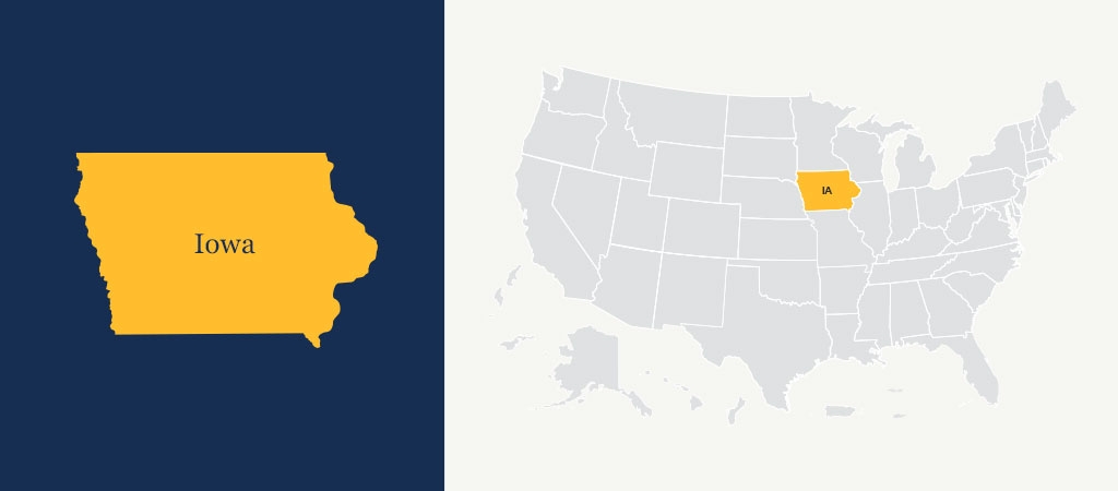 A graphic of a blue U.S. map with Iowa highlighted in yellow.