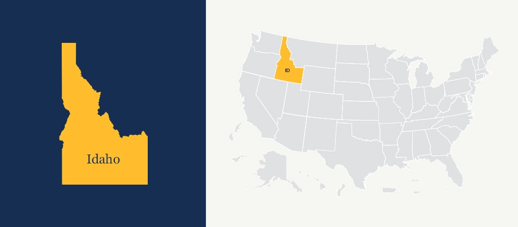 A graphic of a blue U.S. map with Idaho highlighted in yellow.