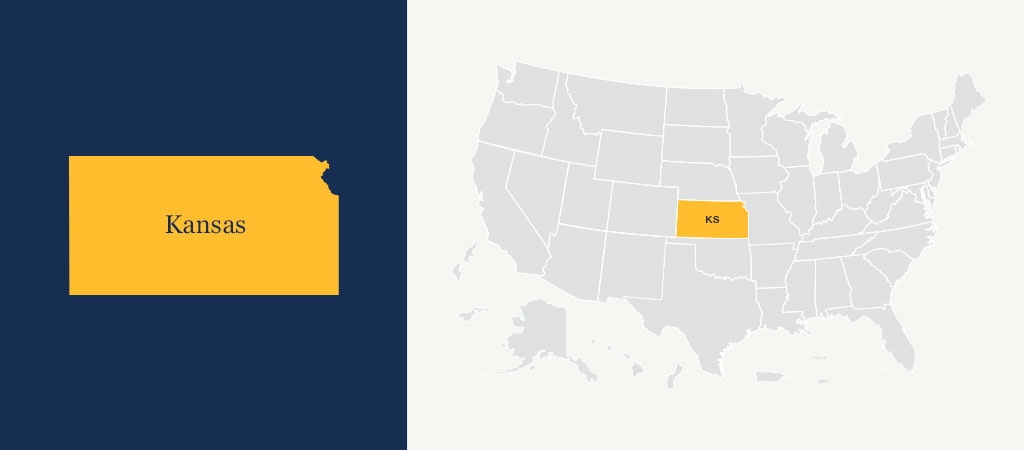 A graphic of a blue U.S. map with Kansas highlighted in yellow.