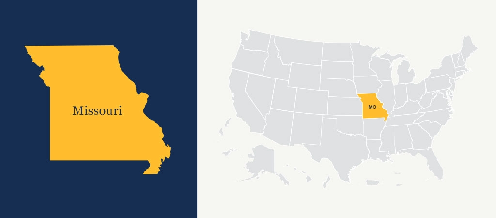 A graphic of a blue U.S. map with Missouri highlighted in yellow.