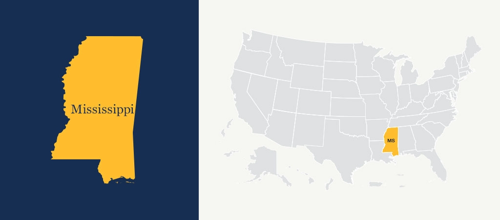 A graphic of a blue U.S. map with Mississippi highlighted in yellow.