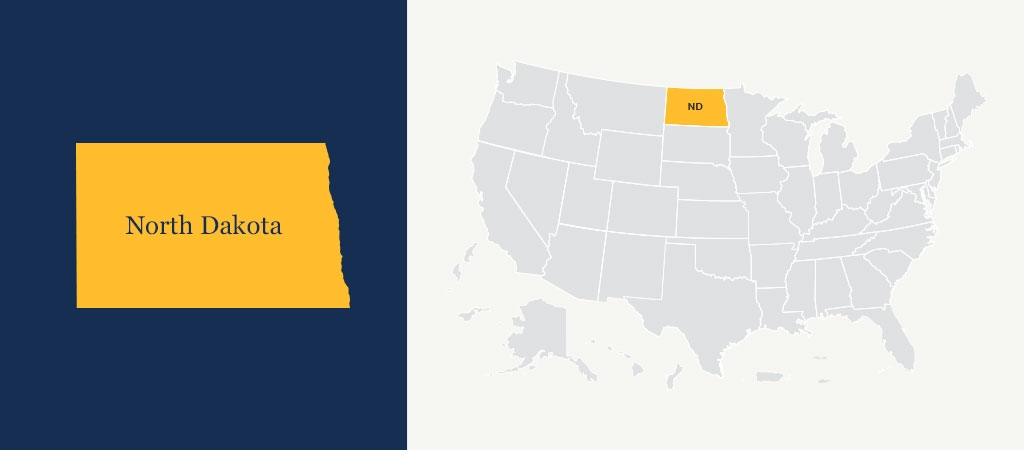 A graphic of a blue U.S. map with North Dakota highlighted in yellow.