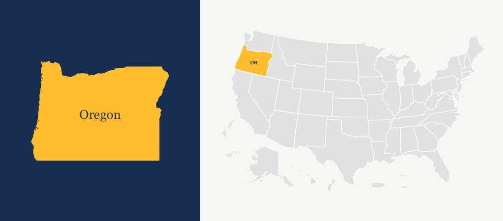 A graphic of a blue U.S. map with Oregon highlighted in yellow.
