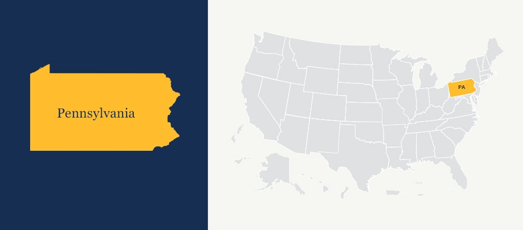 A graphic of a blue U.S. map with Pennsylvania highlighted in yellow.