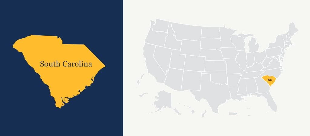 A graphic of a blue U.S. map with South Carolina highlighted in yellow.