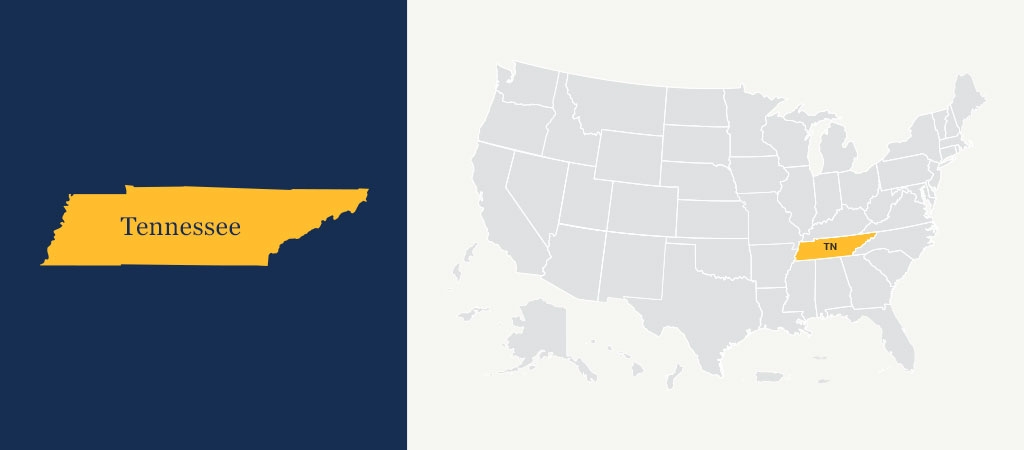 A graphic of a blue U.S. map with Tennessee highlighted in yellow.