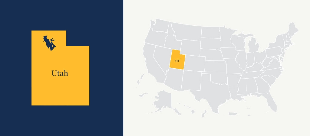 A graphic of a blue U.S. map with Utah highlighted in yellow.
