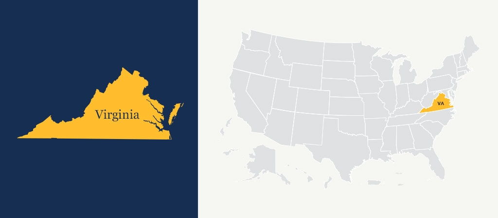 A graphic of a blue U.S. map with Virginia highlighted in yellow.
