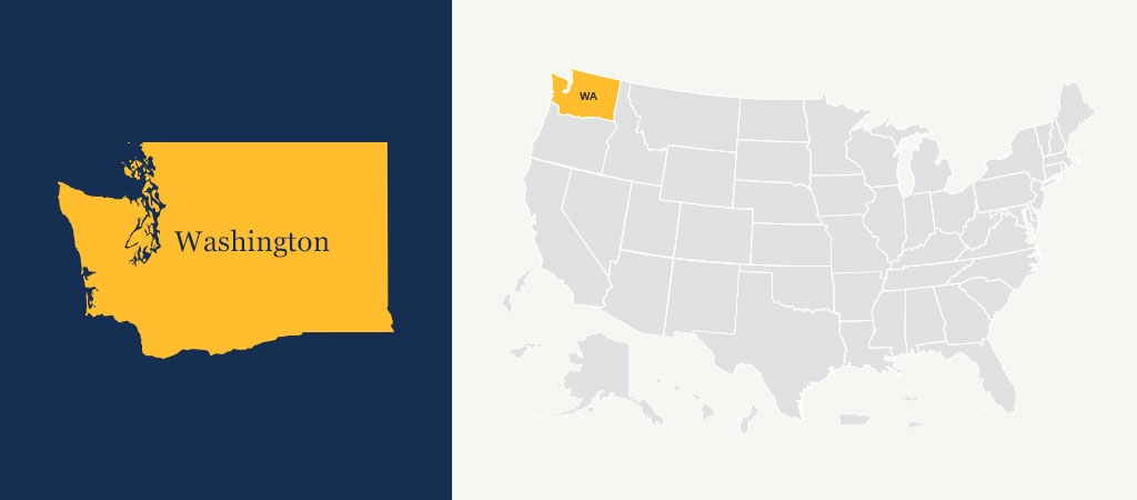 A graphic of a blue U.S. map with Washington highlighted in yellow.