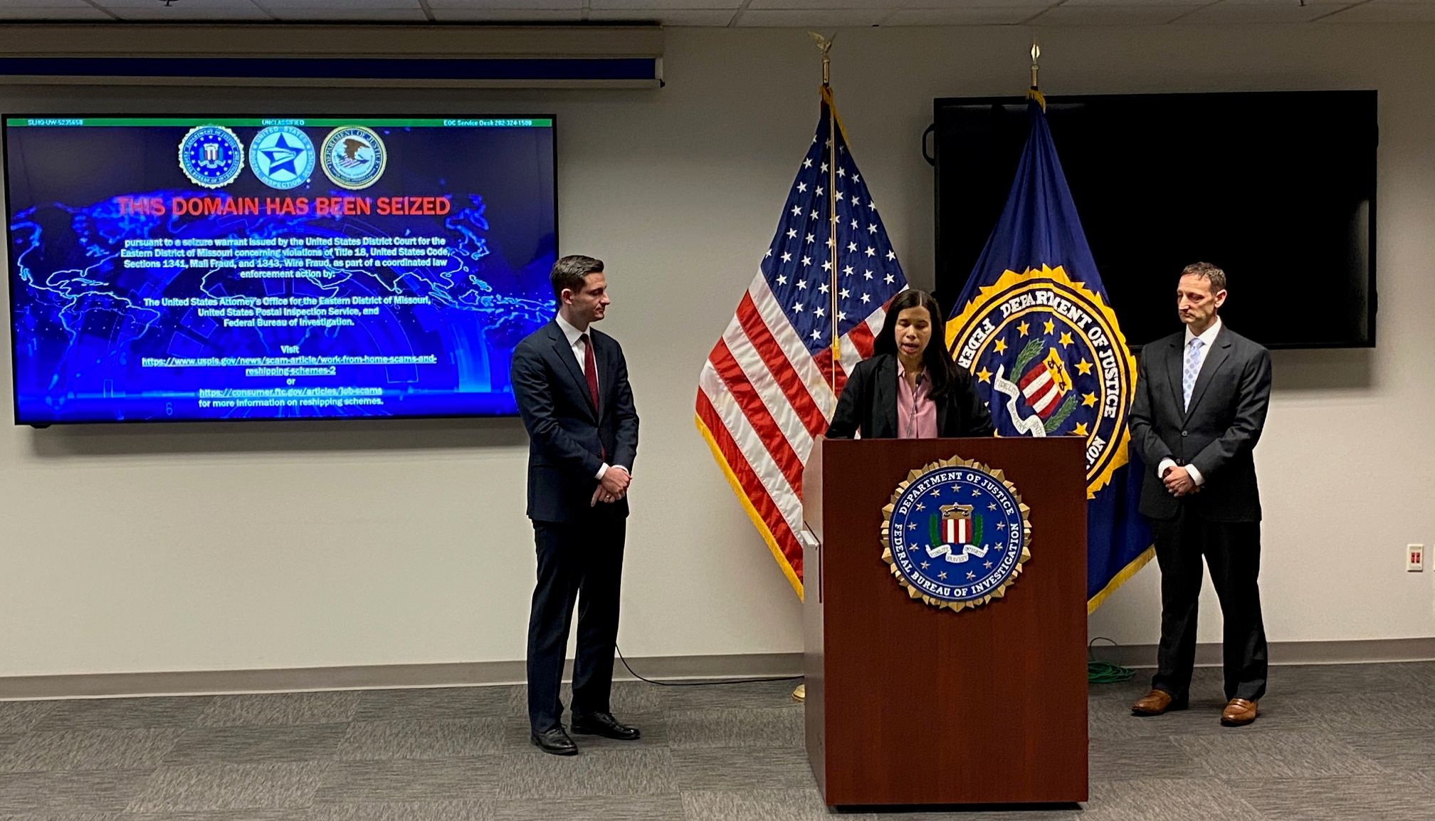 Acting Inspector in Charge Kai Pickens, who heads the United States Postal Inspection Service’s St. Louis Field Office, speaks at a press conference about scams.